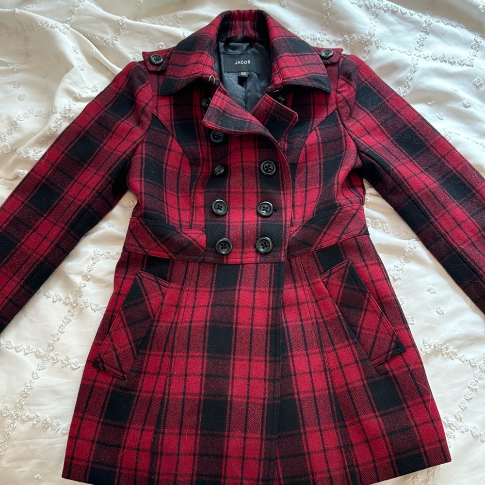 Excellent condition red and black plaid pea coat